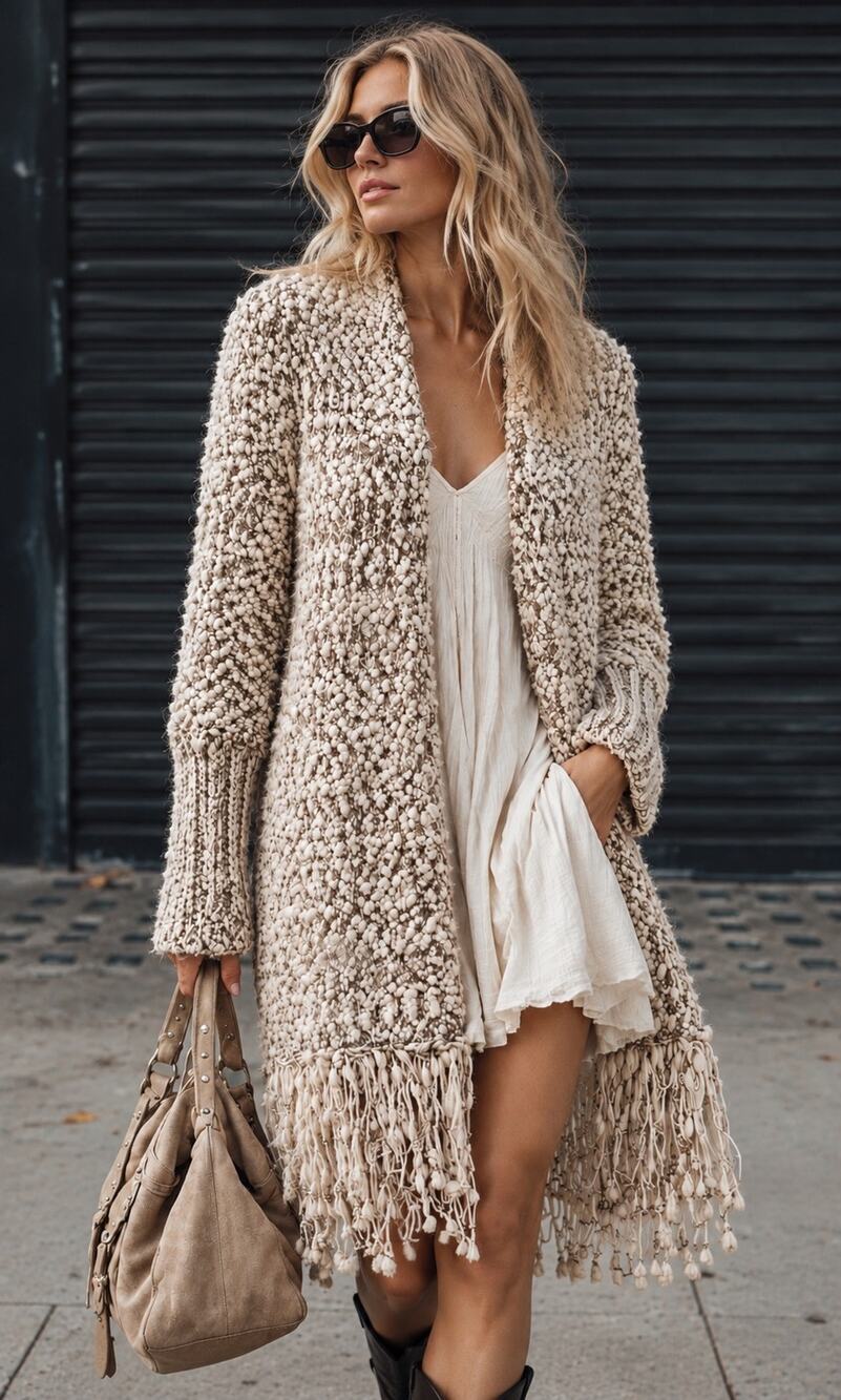 Umgee USA M/L Marled Chunky Knit Fringe Open Front Boho Cardigan Sweater NWT